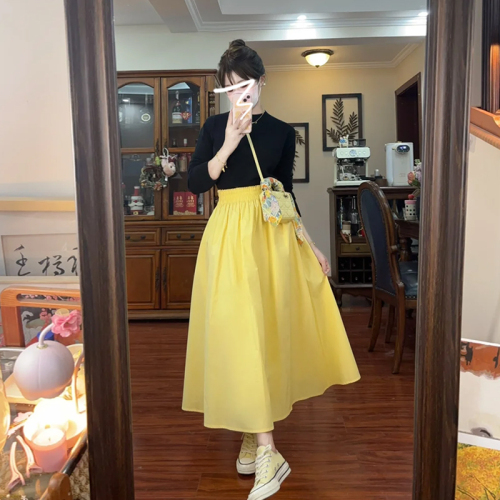 Small yellow high-waisted skirt for women 2024 new popular style college style super nice a-line long skirt