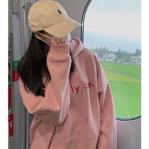 Chinese cotton composite autumn and winter printed sweatshirt women's hooded simple contrast color high-end top