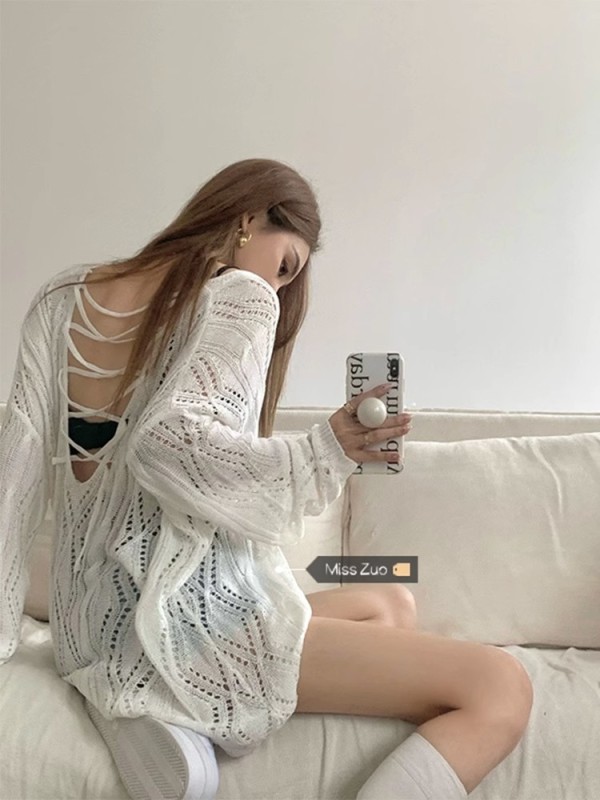 White knitted blouse for women with suspenders, new style, lazy design, niche hollow backless top