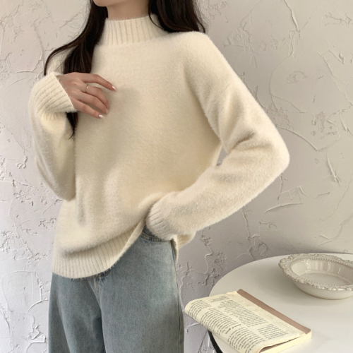Autumn and winter Korean style loose half-high collar imitation mink velvet sweater thick sweater for women