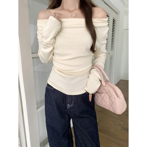 Actual shot and real price Pure Desire One-shoulder Swing Collar Long-sleeved T-shirt Women's Early Autumn Pleated Waist Slimming Short Inner Top