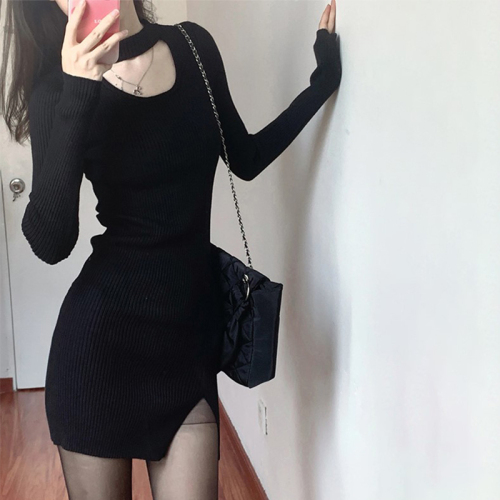 Autumn and winter inner wear with sexy hot girls hip skirt new knitted long-sleeved black halterneck dress women's autumn clothing