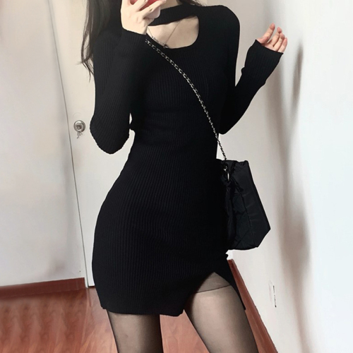 Autumn and winter inner wear with sexy hot girls hip skirt new knitted long-sleeved black halterneck dress women's autumn clothing