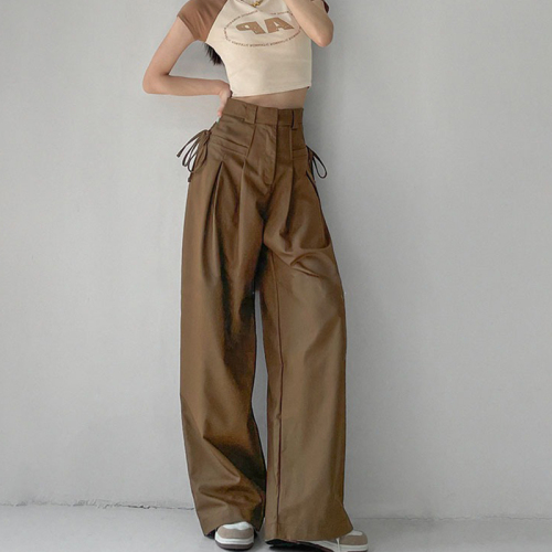 Khaki high-waisted narrow wide-leg pants for women summer straight workwear casual pants drape suit pants floor-length long pants