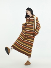 Contrast color striped hooded sweatshirt dress for women autumn and winter Korean style straight loose long knitted sweater dress
