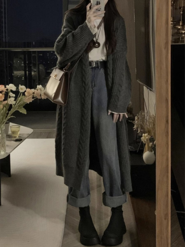 New Knitted Cardigan Jacket Women's Long Twist Sweater New Korean Style Loose Lazy Style Retro Versatile