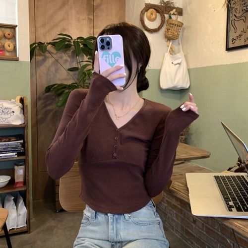 2024 Spring and Autumn New Korean Style V-neck Bottoming Shirt Long Sleeve T-shirt Women's Design Slim Fit Short Top