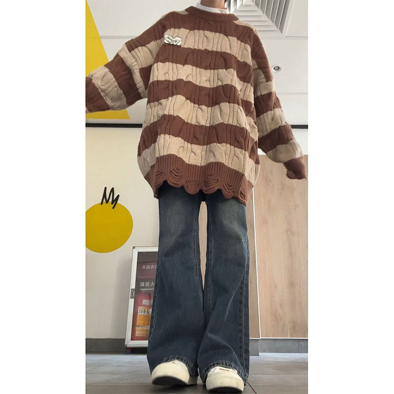 Striped sweater autumn and winter loose knitted sweater jacket original sheep wool