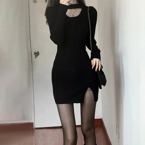 Autumn and winter inner wear with sexy hot girls hip skirt new knitted long-sleeved black halterneck dress women's autumn clothing