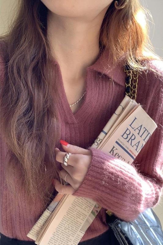 Women's cashmere lapel sweater autumn and winter Korean design short solid color warm top sweater