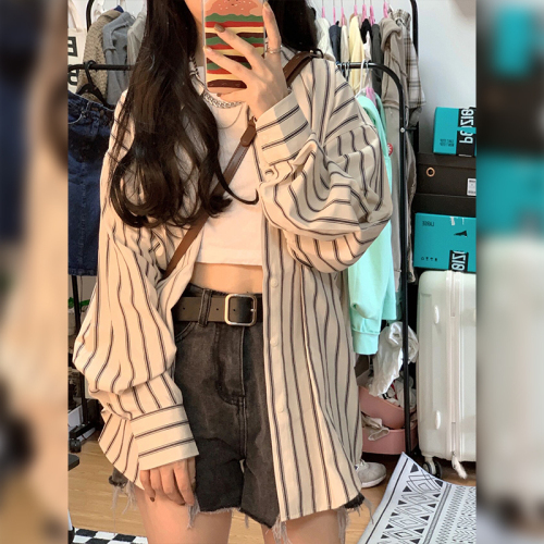 Striped shirt jacket women's early autumn Korean design niche thin cardigan long-sleeved French top high-end