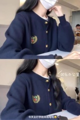 Spring and Autumn Knitted Sweater Cardigan Jacket Women's College Style Contrast Color Badge Embroidered Gold Buckle Korean Style Outer Top