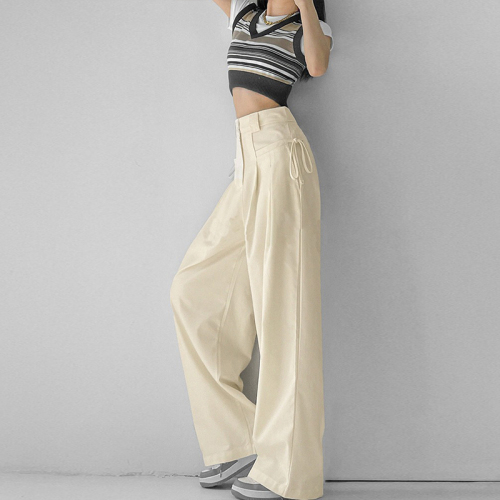 Khaki high-waisted narrow wide-leg pants for women summer straight workwear casual pants drape suit pants floor-length long pants