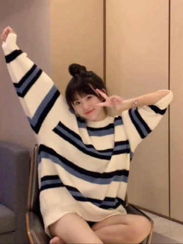 Contrast color striped soft mohair sweater for women in autumn and winter new style small loose loose gentle lazy style knitted jacket trendy