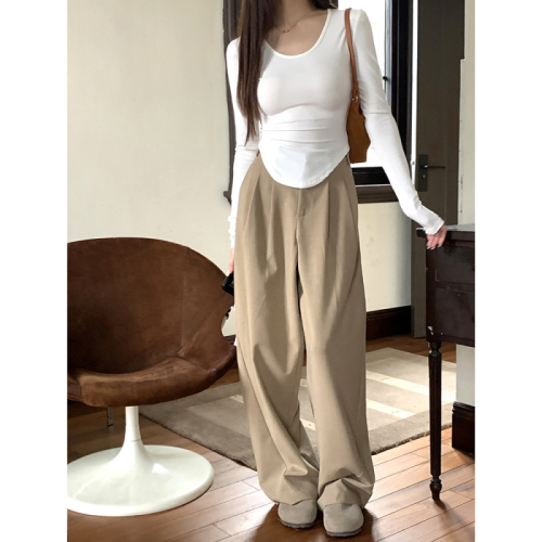 Real shot of 2024 autumn and winter new old money style commuting high waist wide leg trousers loose profile casual pants for women