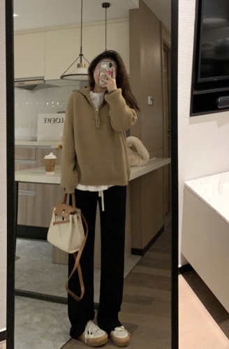 Soft and glutinous Korean style versatile pink turtleneck half zipper loose pullover solid color lapel slim sweater for women autumn and winter thick