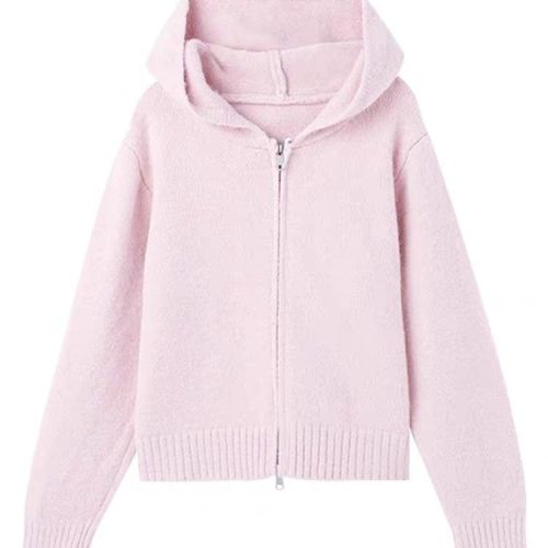 Gentle pink hooded sweater jacket for women in autumn and winter new popular style lazy style knitted cardigan top