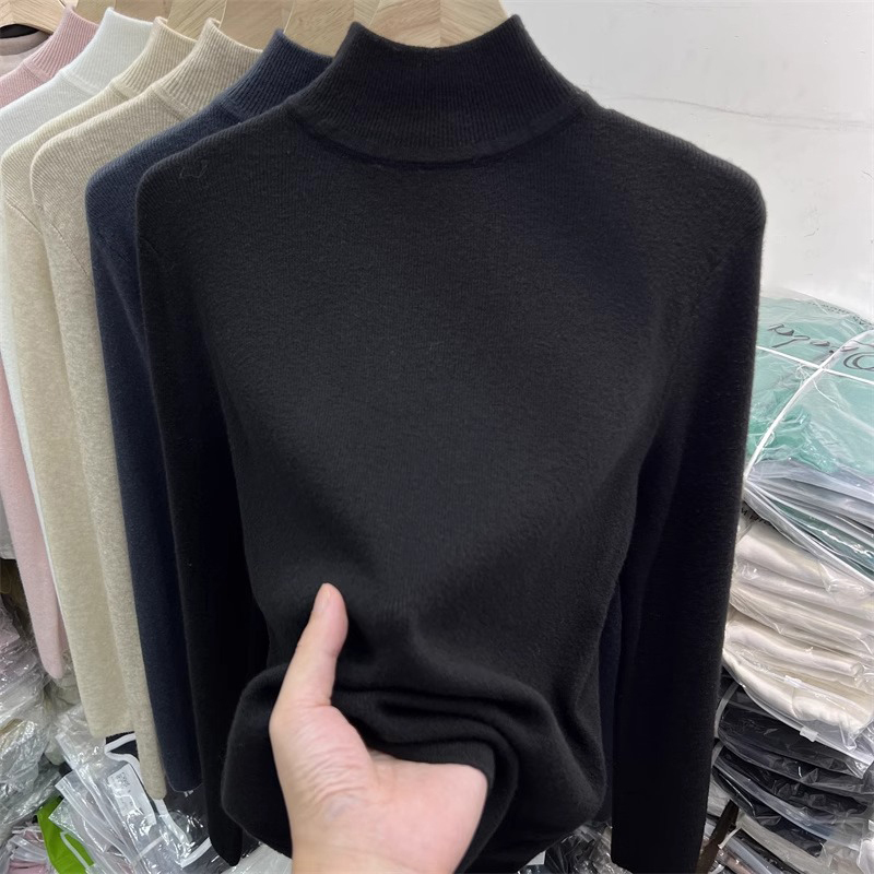 Black half-turtleneck sweater with bottoming shirt for women, autumn and winter thickened new slim long-sleeved sweater top
