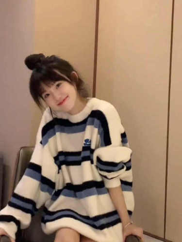 Contrast color striped soft mohair sweater for women in autumn and winter new style small loose loose gentle lazy style knitted jacket trendy