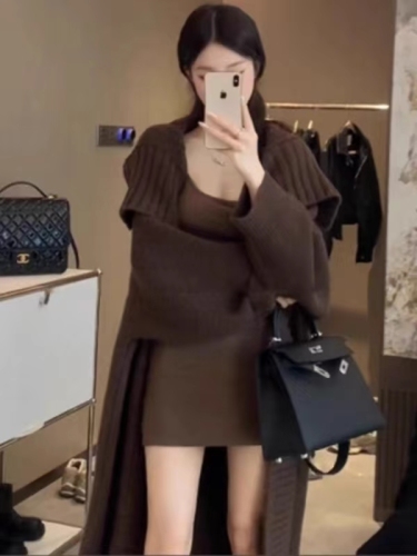 High-end French retro lapel long sweater tall knitted loose lazy style coat autumn and winter thick cardigan