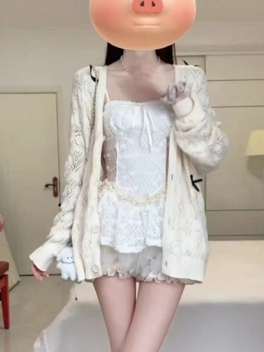 College style bow hollow thin knitted cardigan for women spring and autumn 2024 new style loose coat with shawl