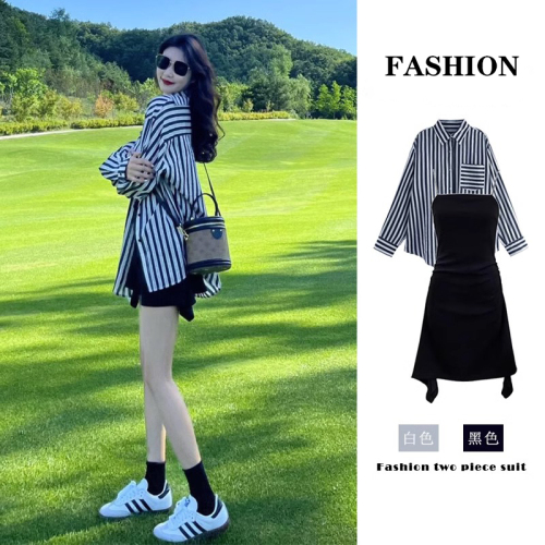 New small striped shirt top black suspender dress women's autumn clothing with a complete set