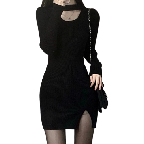 Autumn and winter inner wear with sexy hot girls hip skirt new knitted long-sleeved black halterneck dress women's autumn clothing