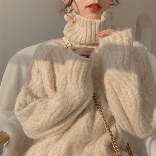 Turtleneck sweater for women in autumn and winter new style gentle lazy style mid-length thickened loose outer knitted sweater