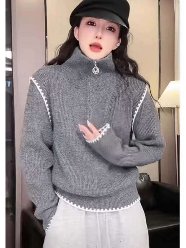 Fashionable design thickened core-spun yarn sweater for women autumn and winter commuting simple slim high-neck warm outer sweater