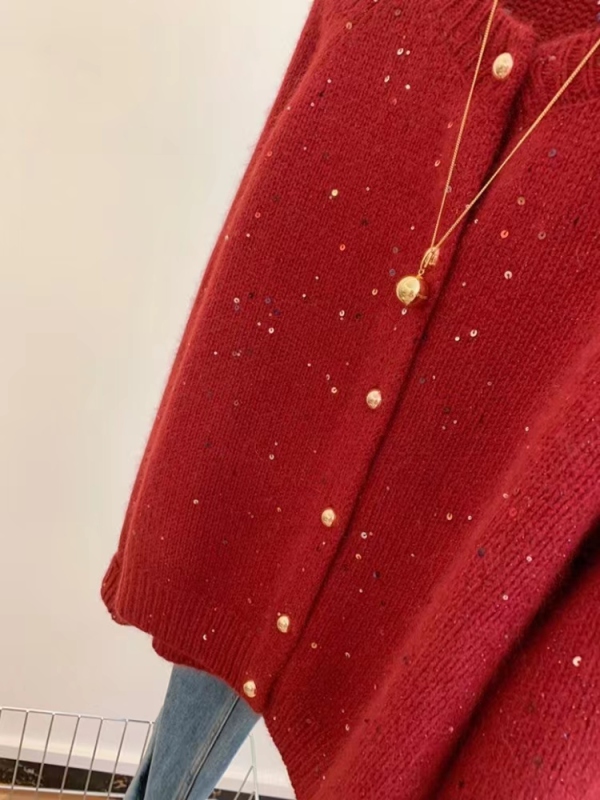 Gentle atmosphere sequin round neck sweater cardigan women's autumn and winter zodiac new year retro red soft waxy knitted jacket