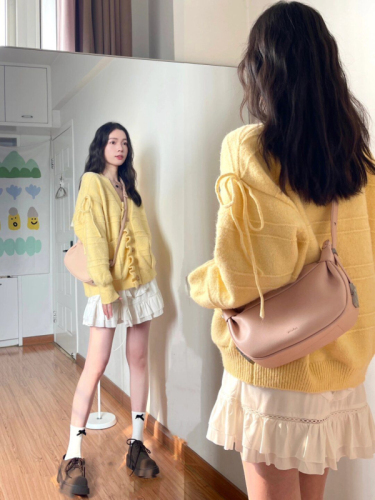 Spot gentle petal placket V-neck sweater cardigan for women milk yellow bow tie sweater autumn coat