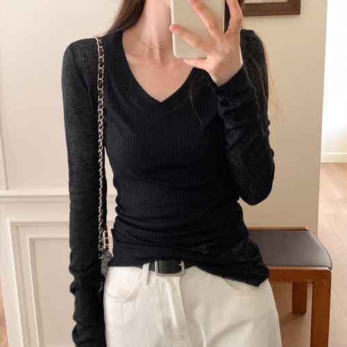 Autumn sexy hottie V-neck knitted long-sleeved T-shirt for women stretchy slim fit inner layering shirt
