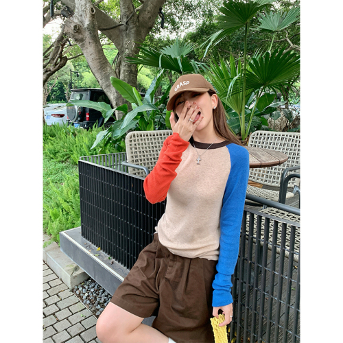 Real shot and real price dopamine contrasting color splicing knitted bottoming sweater for women in autumn new stretch slimming bottoming sweater