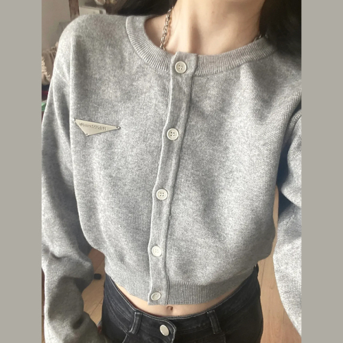 High-end gray sweater knitted cardigan jacket for women early autumn new slim short hot girl top