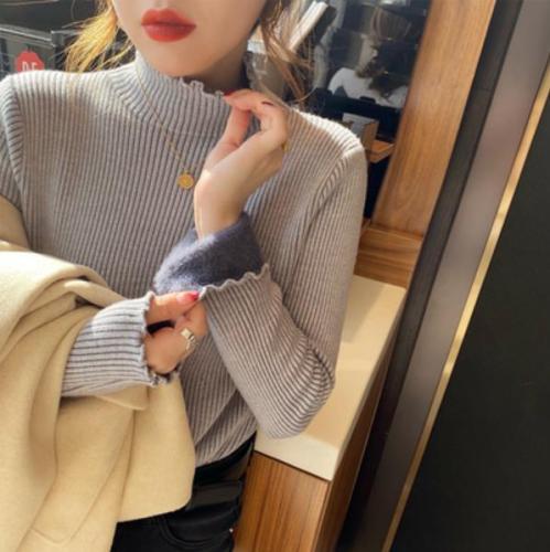 Lazy style sweater for women in autumn and winter half turtleneck women's knitted bottoming sweater with warm inner layer and thickened one-piece velvet top