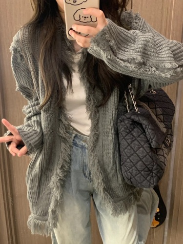 New autumn and winter Korean style niche loose and versatile versatile salty or sweet gray knitted sweater cardigan jacket for women