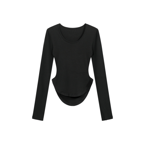 Real shot of 2024 autumn and winter new sexy waist thin curved hem basic U-neck long-sleeved T-shirt versatile top for women ins