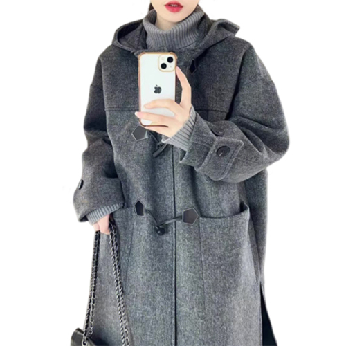 Hepburn style horn button woolen coat for women autumn and winter new style high-end thickened woolen coat for small people