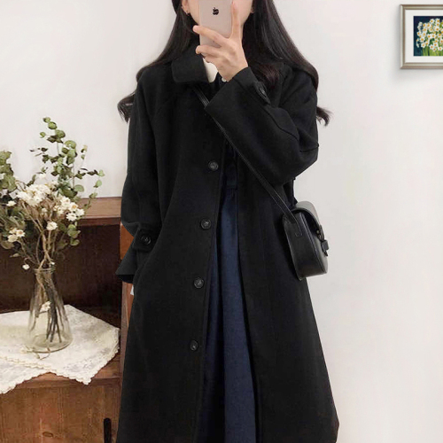 Korean woolen coat for women winter thickened mid-length new Hepburn style black woolen coat for small people