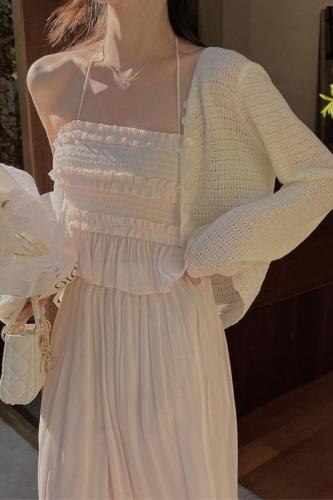 Ice silk knitted cardigan thin women's summer hollow sunscreen shawl top suspender skirt outer blouse jacket spring and autumn