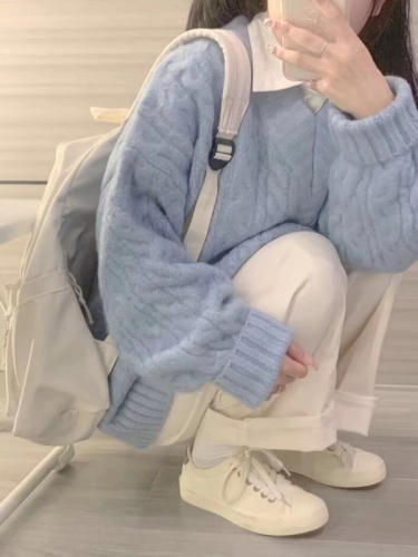 Dongdaemun Twist Sweater Women's Autumn and Winter V-neck Lazy Style Loose Design Niche Japanese Retro Mid-Length Style