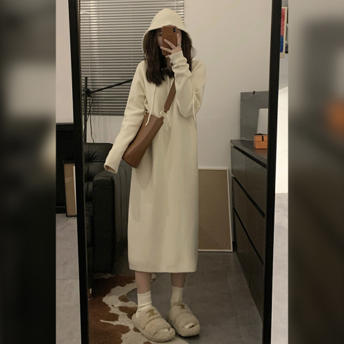 White hooded sweatshirt long-sleeved knitted dress women's autumn and winter new style small temperament long skirt