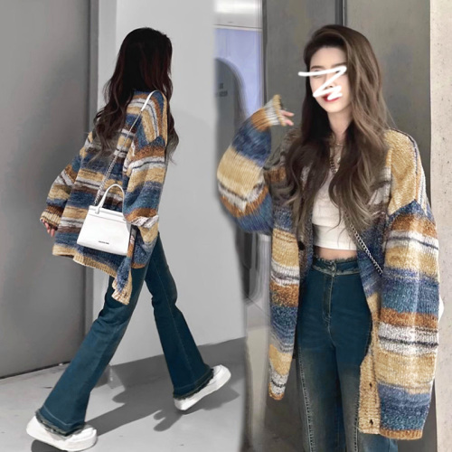 New early autumn lazy style striped knitted cardigan sweater jacket women's high-end loose long-sleeved top