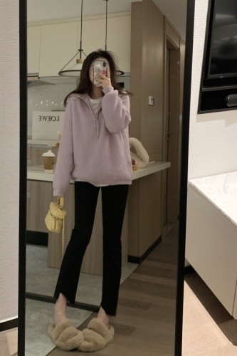 Soft and glutinous Korean style versatile pink turtleneck half zipper loose pullover solid color lapel slim sweater for women autumn and winter thick