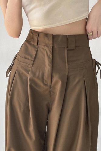 Khaki high-waisted narrow wide-leg pants for women summer straight workwear casual pants drape suit pants floor-length long pants