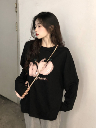 Pure cotton long-sleeved T-shirt for women 2024 new autumn and winter solid color loose bottoming shirt printed round neck top