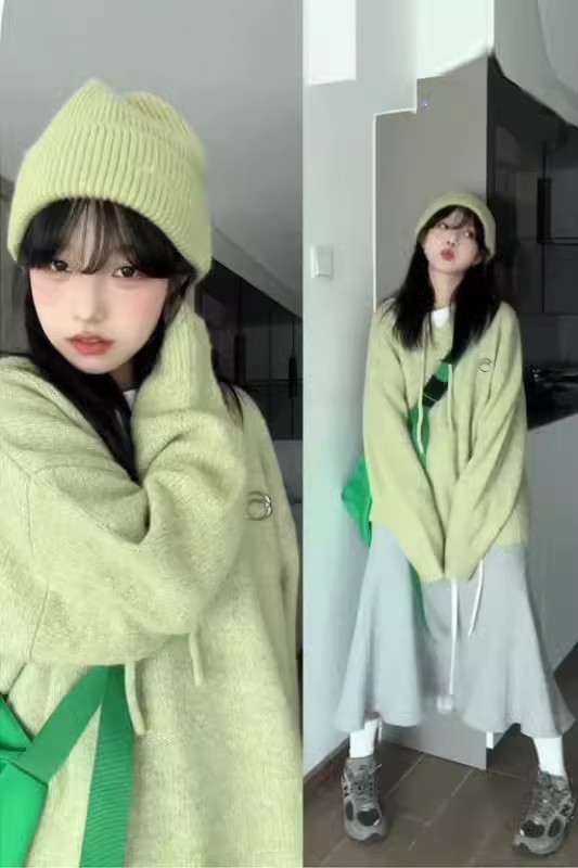 Hooded sweatshirt women's design niche green sweater women's autumn and winter new loose knitted sweater soft waxy top