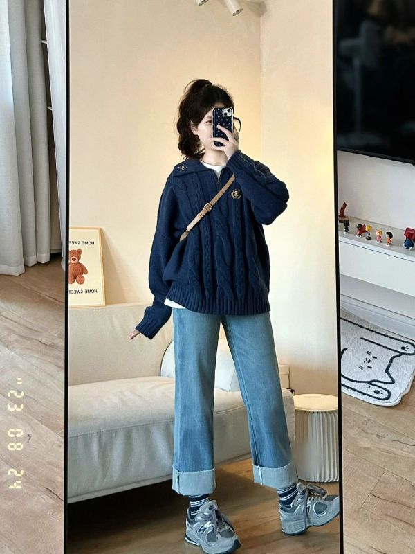 College style loose lapel retro knitted women's outer zipper sweater design new lazy style autumn and winter top