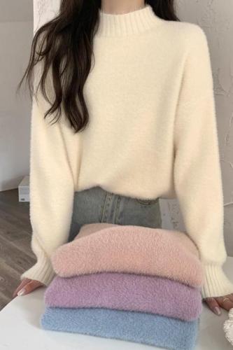Autumn and winter Korean style loose half-high collar imitation mink velvet sweater thick sweater for women
