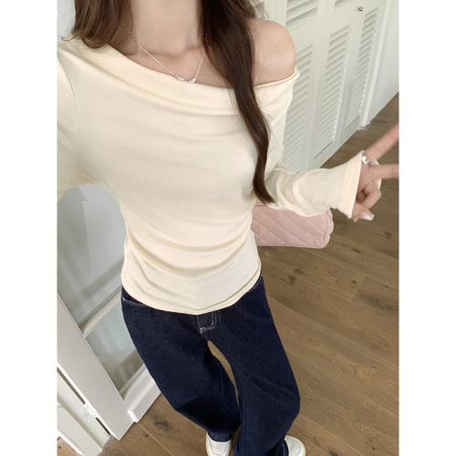 Actual shot and real price Pure Desire One-shoulder Swing Collar Long-sleeved T-shirt Women's Early Autumn Pleated Waist Slimming Short Inner Top